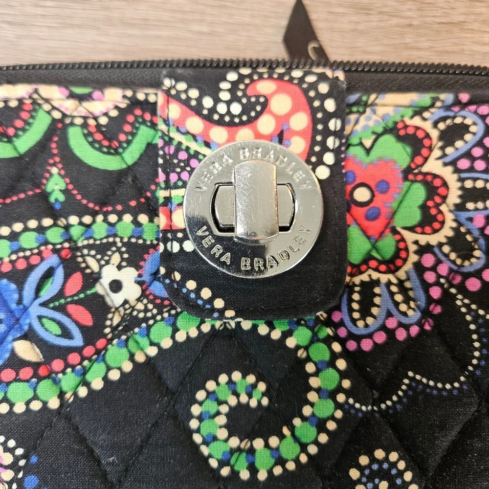 Vera Bradley Night and Day Paisley Quilted Turn Lock Zip Around Wallet Black